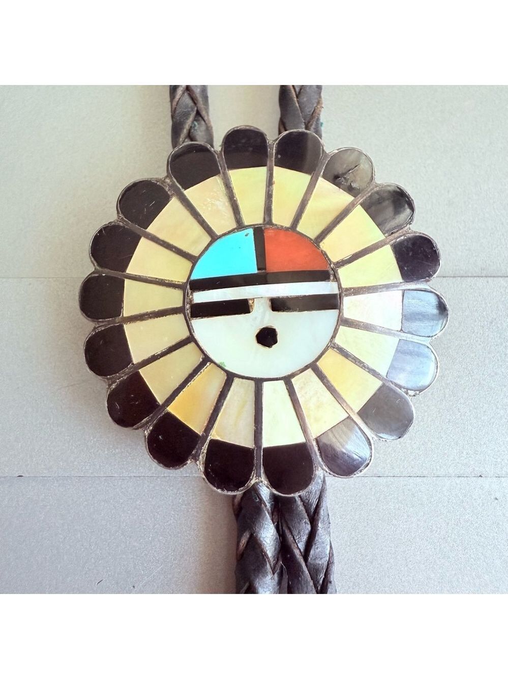 NATIVE AMERICAN ZUNI SUNFACE BOLO TIE TURQUOISE CORAL MOP STERLING SILVER